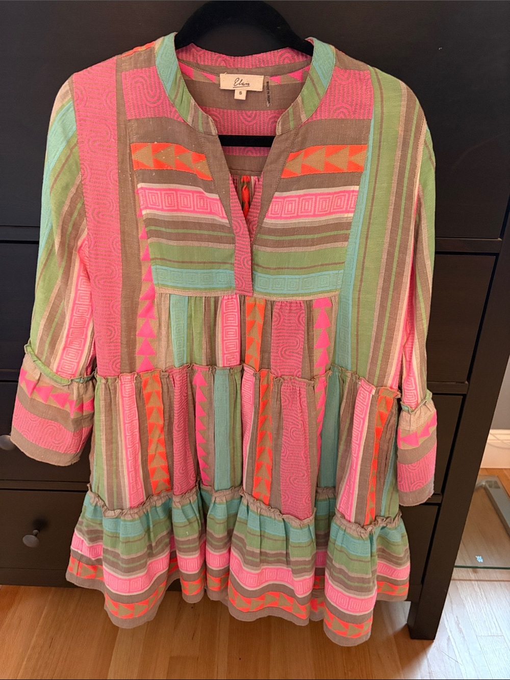 Women’s Elan tribal short ruffle dress. Multi color/boho Striped Cotton Tunic